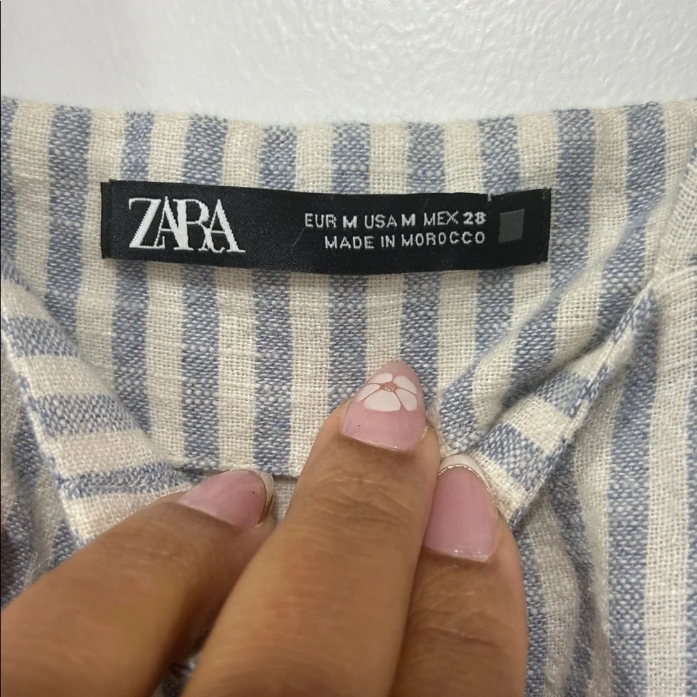 Zara Linen Blend Blue and White Striped Romper Jumpsuit